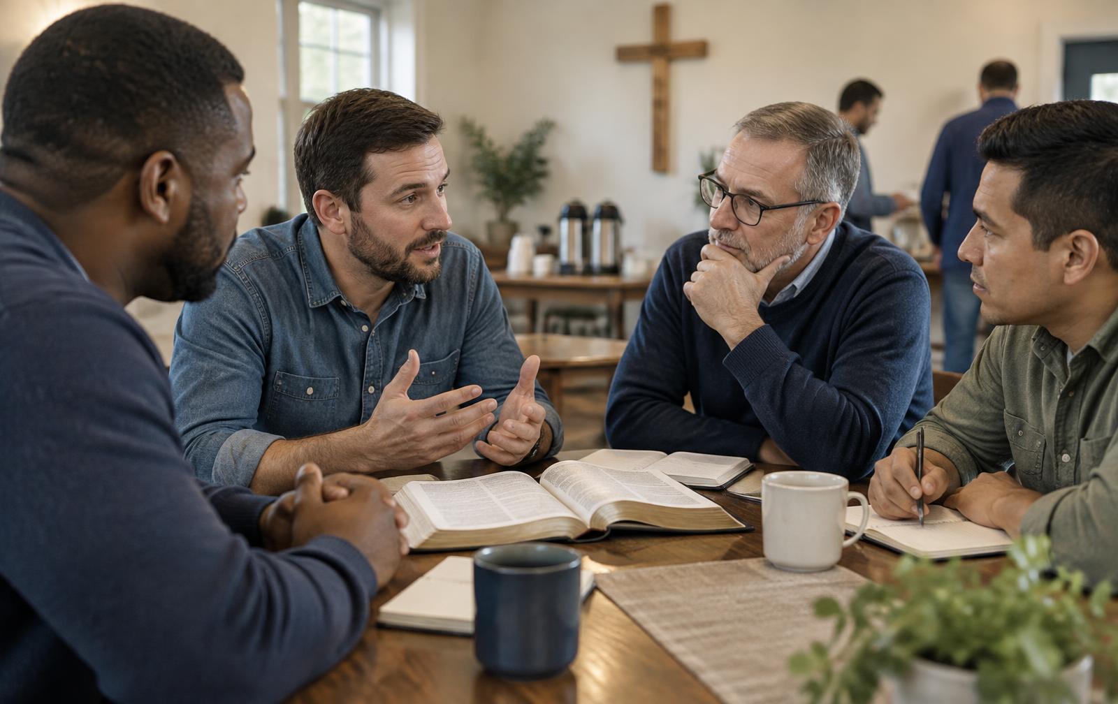 Men studying the Bible together around a table