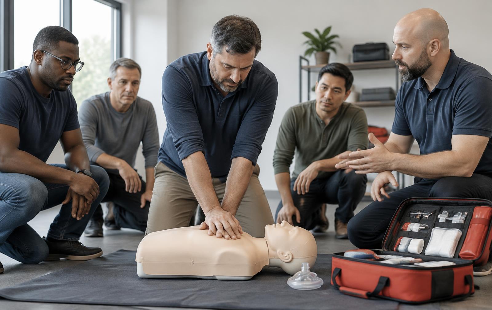 Men learning CPR from a training instructor